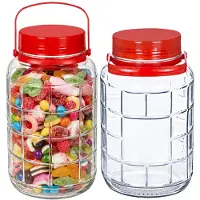 Alessandro XXL voedsel opslag container - 2x - glas - 4 liter - afsluitdop en hengsel - transparant/rood - Weckpotten - Opslagpotten - 17 x 27 cm