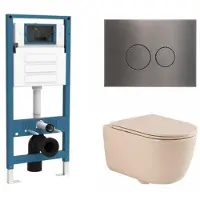 Qeramiq Dely Swirl Toiletset - inbouwreservoir Flush - slim zitting - metaal gunmetal bedieningsplaat - ronde knoppen - beige SW1026259/SW1448813/SW1000770/SW706198
