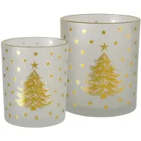 Boltze - Waxinelichthouders - Windlichten - Set van 2 - Glas - Wit en Goud - Kerstboom en Sterren - 8,5 en 10,2 cm - Kerst
