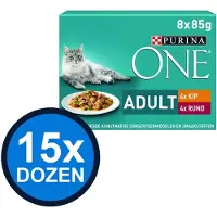 Purina One 15x - Adult Kip, Sperziebonen, Rund & Wortels in Saus (8x85g) - Kattenvoer Natvoer - 680 g
