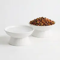 Famanu – Verhoogde keramische kattenvoerbak, 16 cm x 6 cm, witte voer- en drinkbak voor katten, ondiep anti-knoei design, 2-delige set