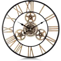 Famanu – Stille retro gouden industriële wandklok met tandwielen, metalen muurklok van 60 cm met vintage Romeinse cijfers, ideaal voor woonkamer en slaapkamer