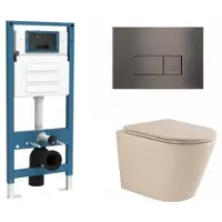 Qeramiq Dely Toiletset - inbouwreservoir Flush - slim zitting - metaal gunmetal bedieningsplaat - rechthoekige knoppen - beige SW1000764/SW1448813/SW1000770/SW706199