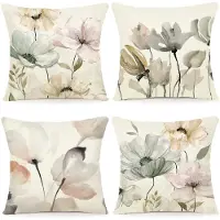 Famanu – Set van 4 kussenslopen met bloemenpatroon, 50 x 50 cm, voor outdoorkussens en sierkussens, aquarelschilderij voor woonkamer