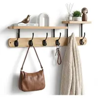 Famanu – Wandkapstok met plank, houten kapstok met 6 haken voor hal, garderobe of slaapkamer (59 cm