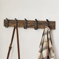 Famanu – Houten wandkapstok met 5 haken, compacte muur kapstok in industriële stijl, vintage bruin en zwart, ideaal voor hal en entree