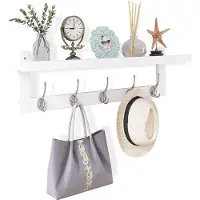 Famanu – Wandkapstok met plank, 74 cm, voor muurmontage, bamboe hangende plank met 5 dubbele metalen haken, geschikt voor badkamer, slaapkamer, keuken en woonkamer