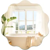 Famanu – Ronde glazen spiegel van 40 cm, frameloos met golvende rand, zelfklevende wandspiegel voor badkamer en woonkamer