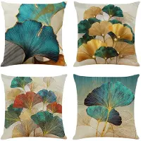Famanu – Kussenhoezen set van 4, 45 x 45 cm, turkoois met goud ginkgo, decoratieve hoezen voor een luxe uitstraling in de woonkamer