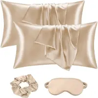 Famanu – Set van 2 satijnen kussenslopen van 40 x 80 cm, zacht als zijde, goed voor haar en huid, inclusief haarbandjes en oogmasker
