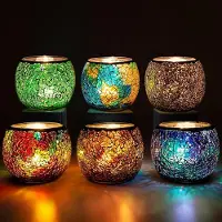 Unyqoos Handgemaakte glazen mozaïek theelichthouders in zes unieke kleuren, 6*7cm, 6 stuks