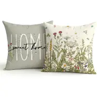Famanu – Set van 2 waterdichte outdoor kussenhoezen, 40 x 40 cm, grijs met groen plantendesign, dubbelzijdig en modern, linnen-polyester, voor balkon en tuin