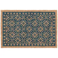 Famanu – Kokos deurmat met bloemenpatroon, antislip onderzijde, voor binnen en buiten, 60 x 40 cm, blauw/natuur