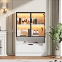 STILVORA Vitrinekast - Matte Witte Kast Met Ledverlichting En Veiligheidsglas - Voor Woonkamer En Eetkamer - Spaanplaat En Glas - 120x80x35 Cm