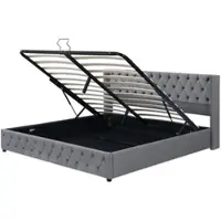 OKWISH Gestoffeerd Bed 160x200cm - Chesterfield Stijl Hoog Hoofdeinde 94,5cm - Hydraulisch met Berging - Fluweel - Grijs - zonder Matras