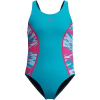 Speedo Hyperboom Splice Muscleback Meisjes Sportbadpak - Kleurvast Badpak Meisjes - Chloorbestendig Zwempak Meisjes - Sportbadpak Meisjes met Muscleback-rug - Turquoise/Roze - 164