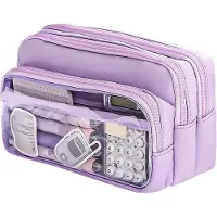 VHV - Etui 4 Vakken- Grote Capaciteit Pennenzak - 21x8x12 cm - Transparant Voorvak -Draagbaar Pencil case - Voor School Examen, Kantoor - Paars