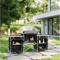 STILVORA Campingtafel Opvouwbare Outdoor Keukenstation 175 x 40 x 110 cm Aluminium MDF Zwart Voor Kamperen En Barbecue Met Opbergruimte