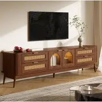 MODFU TV-kast 180dm, lage kast met LED-verlichting en gebogen glazen deuren, TV-kast met 4 lades, TV-plank van spaanplaat, walnoot