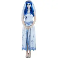Smiffys - Corpse Bride, Emily Kostuum jurk - L - Wit/Blauw