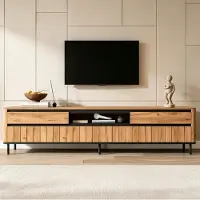 MODFU TV-meubel, 180 cm, TV-kast met 2 lades en 2 draaideuren, TV-bank geschikt voor een 75-inch televisie, TV-kast met eikenlook en lamellenfront