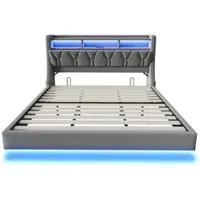 MODFU Bedframe 180x200 cm – Opklapbaar hoofdbord met LED & stopcontact – Grijs fluweel