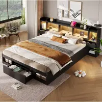 OKWISH Bed 180x200 cm - Met LED-Verlichting en USB-Aansluiting - Hoofd- en Voetbord met Opbergruimte en 3 Lades - Zwart - Zonder Matras