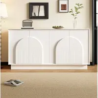 OKWISH Dressoir – 160 x 38 x 80 cm – 4 Deuren – Gesloten Opbergruimte Voor Woonkamer En Eetkamer – MDF Mat Wit – Boogpanelen