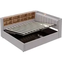 STILVORA Gestoffeerd Bed 140x200 cm – Tweepersoonsbed Met Hydraulische Opbergruimte – Hoofdeinde Met Nachtlicht & USB – Fluweel – Lichtgrijs – Zonder Matras