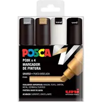 Posca Set van 4 Verfmarkers, 6-8mm Punt, Waterbasis, Zilver, Goud, Wit, Zwart