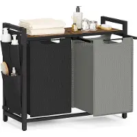 Vasagle Wasmand met uittrekbare waszakken, Inktzwart + vintage bruin / 92 L (73 x 33 x 72 cm)