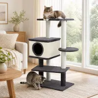 Costway 99 cm kraboom, meerlaags kattenhuis met krabplank en sisalpalen – binnenactiviteitencentrum, meerlaagse speeltoren, grijs