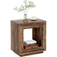OEM Rustige industriële houten bijzettafel - Bijzettafel met vierkant blad en twee niveaus - met opberglade - voor de woonkamer.