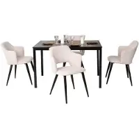 Meubles Cosy De set bestaat uit een uitschuifbare eettafel in Scandinavische stijl, uitgevoerd in zwart, en 4 armleunstoelen met een beige stoffen bekleding