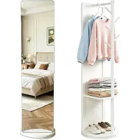 Famanu – 360° draaibare volledige lichaamsspiegel van massief hout met garderobe, staande spiegel voor slaapkamer en woonkamer, ruimtebesparend ontwerp, kleur wit
