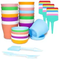 Famanu – Set van 36 kleurrijke plastic plantenpotten, 16 kleine bloempotten voor binnen, inclusief 18 plantlabels en 2 mini-transplantatiegereedschappen, ideaal voor zaailingen