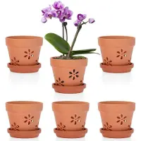 Famanu – Set van 6 terracotta bloempotten met gaten en schotels, voor binnen en buiten, 10 x 8 cm