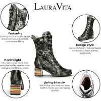 LAURA VITA Goth Victoriaans Bloemen Zwart Leren Hoge Veterlaarzen - Ibcano-15