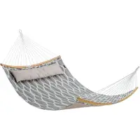 Famanu – Gewatteerde stoffen hangmat met afneembare gebogen bamboe spreider en kussen, 200 x 140 cm, draagvermogen 225 kg, grijs en beige