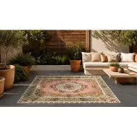 Rozenkelim Buitenkleed / Binnenkleed 180x120 cm – Vintage Patroon – Roze Groen – Laagpolig – Tuinkleed - UV & Weerbestendig – Wasbaar (wolprogramma)