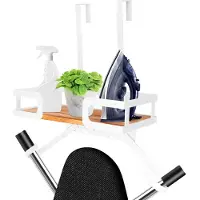 Famanu – Strijkplank, hanger, metaal, wandhouder, wasruimte, strijkijzer en strijkplankhouder met grote opbergruimte, houten sokkelmand en afneembare haken (TôV-vorm) (wit-1 haak hebben