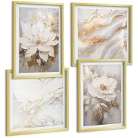 Wallfluent 4-Delige Schilderij Set - Bloemen Op Een Lichte Achtergrond Met Abstracte Marmerpatronen. - 40 x 40 cm En 40 x 60 cm - Decoratieve Schilderijen - Woonkamer - Interieur