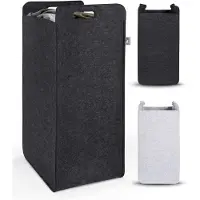 Famanu – Grote wasmand met ruimtebesparend en stijlvol design, praktische opvouwbare wasmand voor vuile was, 80 liter capaciteit, vilt in antraciet