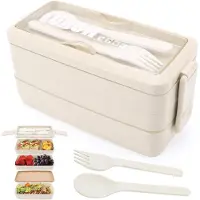 VHV -3-Laagse Bento Lunchbox Beige - 1000ml Meal Prep Container met Bestekset - Stapelbare Etenhouder voor Werk en School - Magnetron en Vaatwasserbestendig - Duurzame Maaltijdbox