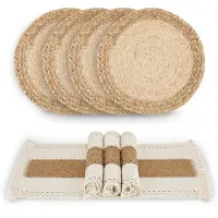 Famanu – Handgemaakte boho-placemats, set van 4, natuurlijk katoen, jute en waterstro, voor eettafel en keuken