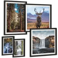 Wallfluent 5-Delige Schilderij Set - Natuurlandschappen Met Watervallen En Wilde Dieren - 50 x 50 cm, 20 x 30 cm En 40 x 60 cm - Moderne Wanddecoratie - Woonkamer