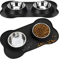 Famanu – Dubbele voerbak met siliconen bakmat, hondenbak van roestvrij staal, 400 ml, antislip dienblad voor katten en honden, zwart