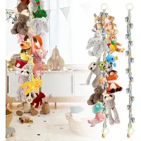 Famanu – Set van 2 kleurrijke opberg-knuffeldieren met houten ringen en 40 clips, 2 m hangmat voor speelgoed en foto's