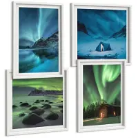 Wallfluent 4-Delige Schilderij Set - Winterlandschappen Met Het Noorderlicht Boven De Bergen - 40 x 40 En 40 x 60 - Stijlvolle Wanddecoratie - Interieur