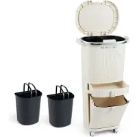 Costway Vuilnisemmer keuken, afvalscheidingssysteem, 3 vakken, 2 x 12 l binnenemmer en 14 l pedaalemmer met wielen, lade, deksel, pedaal en haken, pedaalemmer afvalverzamelaar voor keuken, badkamer